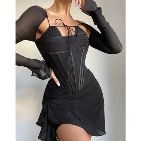 HOUSE OF CB Gianna Corset Silk Long Sleeve Dress in Black Size Small - Picture 5 of 16